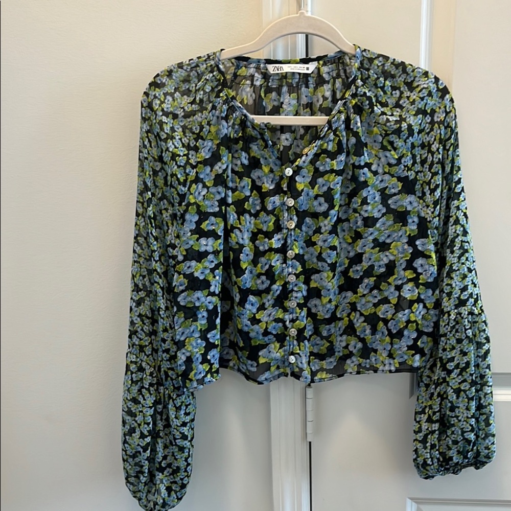 Zara Blue Cropped Buttoned Blouse with Mandarin Collar